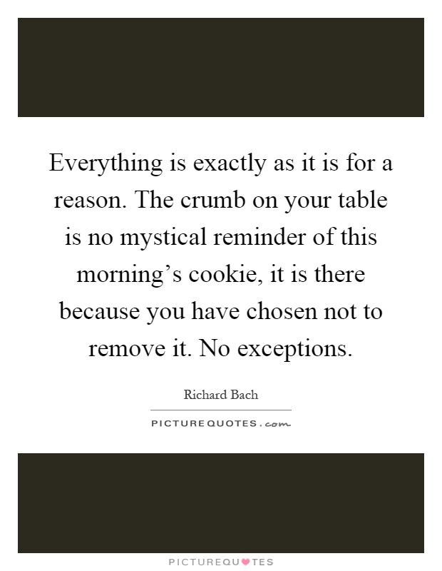 Everything is exactly as it is for a reason. The crumb on your table is no mystical reminder of this morning's cookie, it is there because you have chosen not to remove it. No exceptions Picture Quote #1