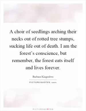 A choir of seedlings arching their necks out of rotted tree stumps, sucking life out of death. I am the forest’s conscience, but remember, the forest eats itself and lives forever Picture Quote #1