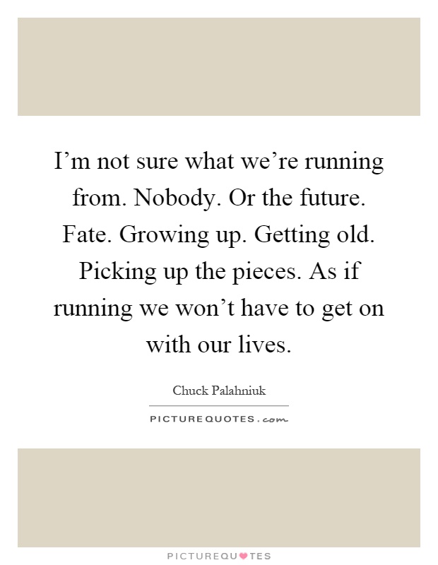 I'm not sure what we're running from. Nobody. Or the future. Fate. Growing up. Getting old. Picking up the pieces. As if running we won't have to get on with our lives Picture Quote #1