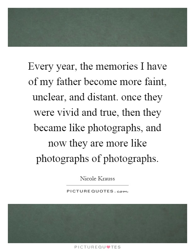 Every year, the memories I have of my father become more faint, unclear, and distant. once they were vivid and true, then they became like photographs, and now they are more like photographs of photographs Picture Quote #1