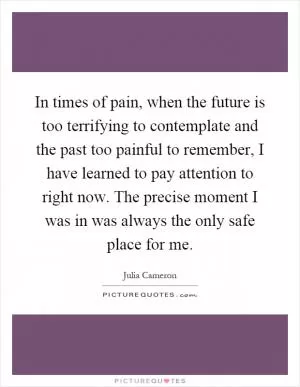 In times of pain, when the future is too terrifying to contemplate and the past too painful to remember, I have learned to pay attention to right now. The precise moment I was in was always the only safe place for me Picture Quote #1