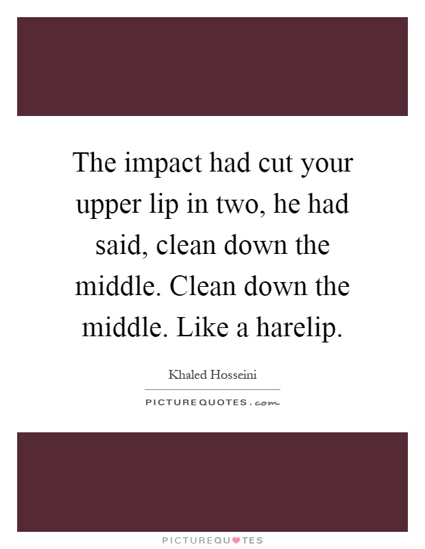 The impact had cut your upper lip in two, he had said, clean down the middle. Clean down the middle. Like a harelip Picture Quote #1