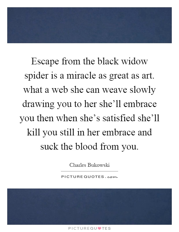 Escape from the black widow spider is a miracle as great as art. what a web she can weave slowly drawing you to her she'll embrace you then when she's satisfied she'll kill you still in her embrace and suck the blood from you Picture Quote #1