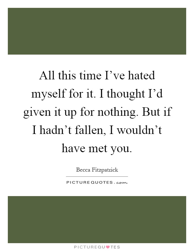 All this time I've hated myself for it. I thought I'd given it up for nothing. But if I hadn't fallen, I wouldn't have met you Picture Quote #1