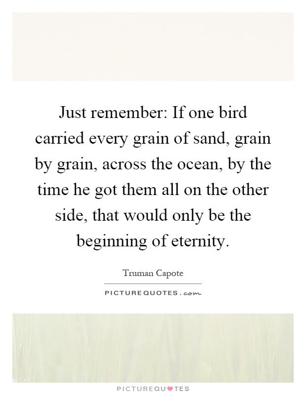 Just remember: If one bird carried every grain of sand, grain by grain, across the ocean, by the time he got them all on the other side, that would only be the beginning of eternity Picture Quote #1