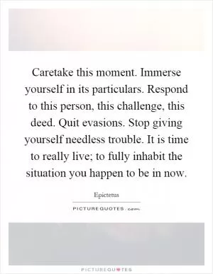 Caretake this moment. Immerse yourself in its particulars. Respond to this person, this challenge, this deed. Quit evasions. Stop giving yourself needless trouble. It is time to really live; to fully inhabit the situation you happen to be in now Picture Quote #1