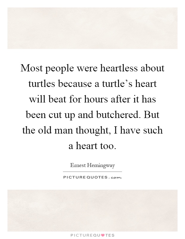 Most people were heartless about turtles because a turtle's heart will beat for hours after it has been cut up and butchered. But the old man thought, I have such a heart too Picture Quote #1