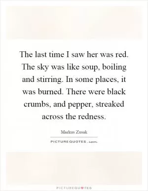 The last time I saw her was red. The sky was like soup, boiling and stirring. In some places, it was burned. There were black crumbs, and pepper, streaked across the redness Picture Quote #1