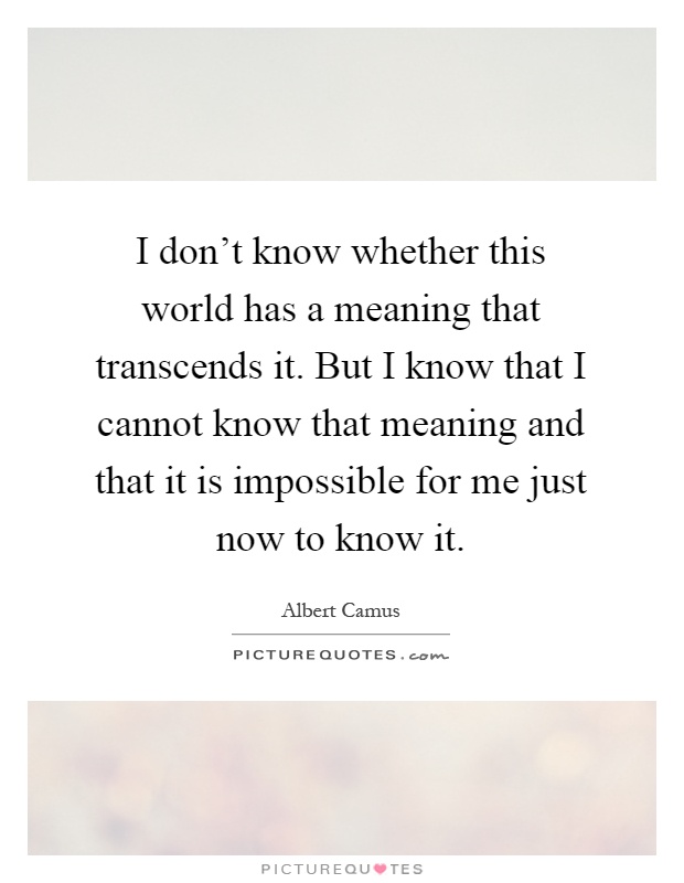 I don't know whether this world has a meaning that transcends it. But I know that I cannot know that meaning and that it is impossible for me just now to know it Picture Quote #1