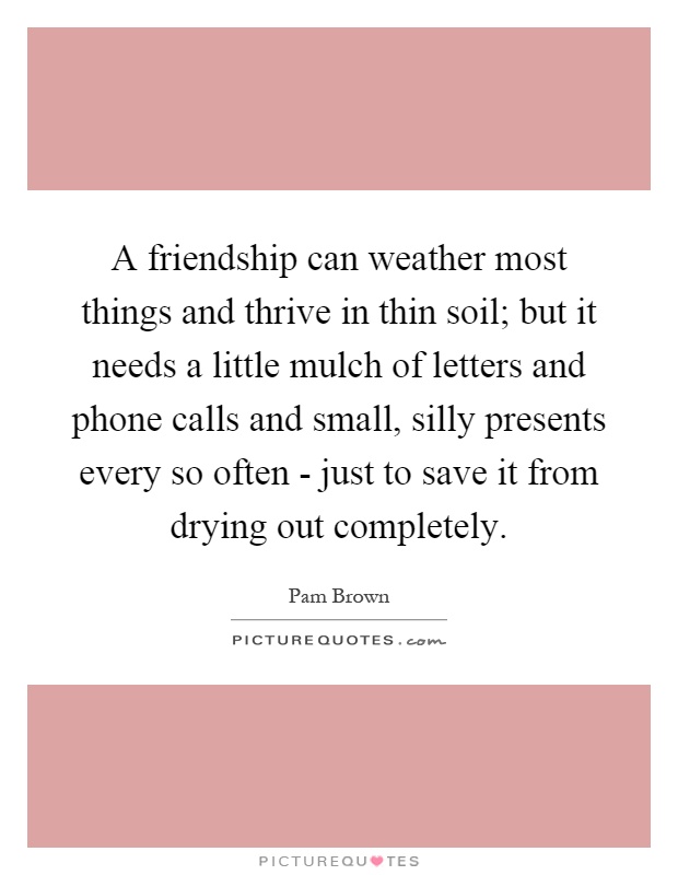 A friendship can weather most things and thrive in thin soil; but it needs a little mulch of letters and phone calls and small, silly presents every so often - just to save it from drying out completely Picture Quote #1