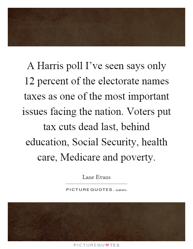 A Harris poll I've seen says only 12 percent of the electorate names taxes as one of the most important issues facing the nation. Voters put tax cuts dead last, behind education, Social Security, health care, Medicare and poverty Picture Quote #1