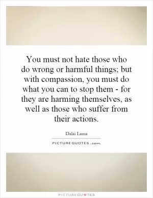 You must not hate those who do wrong or harmful things; but with compassion, you must do what you can to stop them - for they are harming themselves, as well as those who suffer from their actions Picture Quote #1