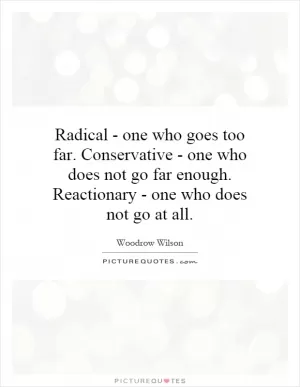 Radical - one who goes too far. Conservative - one who does not go far enough. Reactionary - one who does not go at all Picture Quote #1
