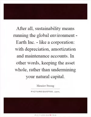 After all, sustainability means running the global environment - Earth Inc. - like a corporation: with depreciation, amortization and maintenance accounts. In other words, keeping the asset whole, rather than undermining your natural capital Picture Quote #1