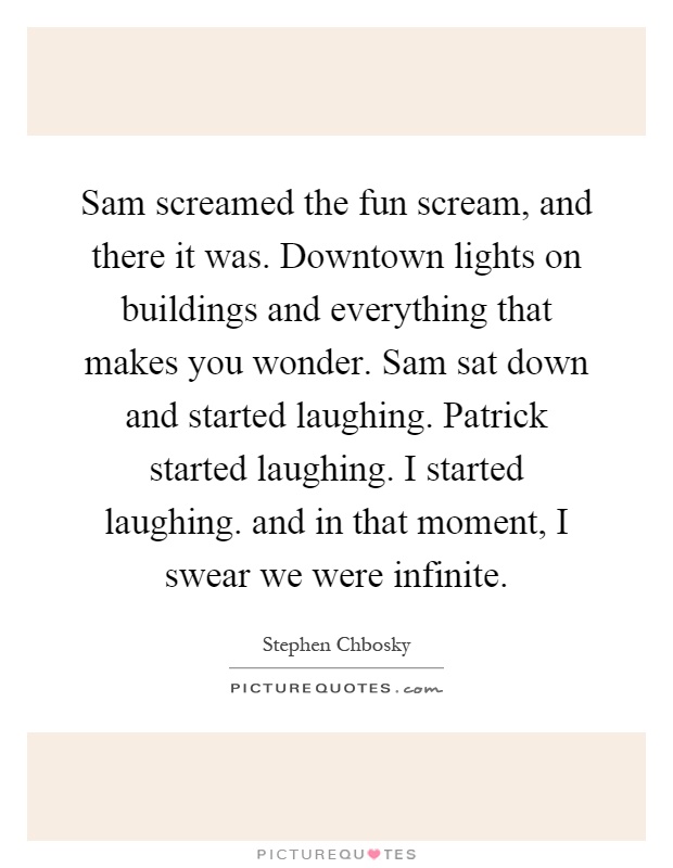 Sam screamed the fun scream, and there it was. Downtown lights on buildings and everything that makes you wonder. Sam sat down and started laughing. Patrick started laughing. I started laughing. and in that moment, I swear we were infinite Picture Quote #1