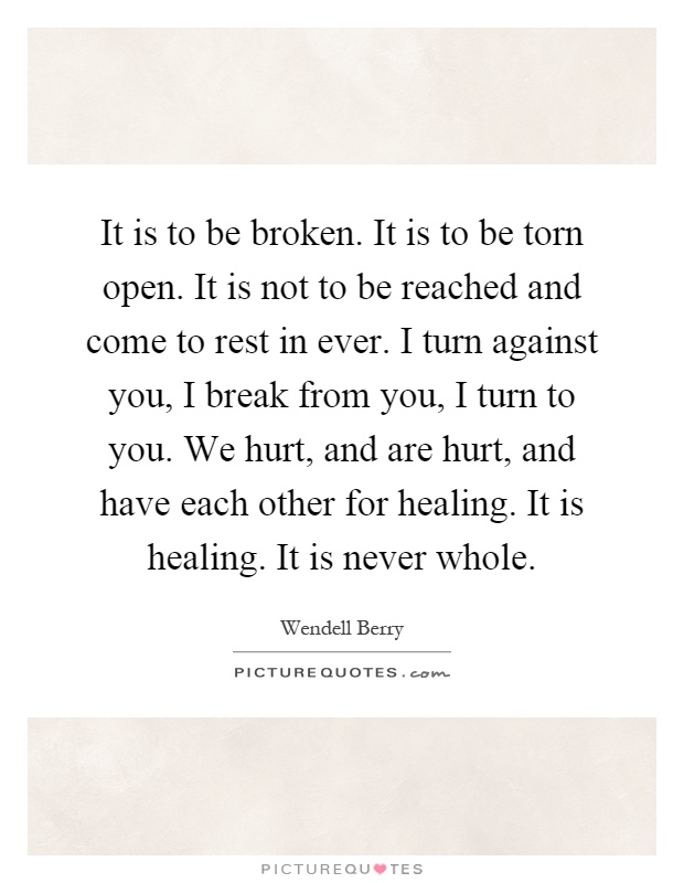 It is to be broken. It is to be torn open. It is not to be reached and come to rest in ever. I turn against you, I break from you, I turn to you. We hurt, and are hurt, and have each other for healing. It is healing. It is never whole Picture Quote #1