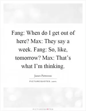 Fang: When do I get out of here? Max: They say a week. Fang: So, like, tomorrow? Max: That’s what I’m thinking Picture Quote #1