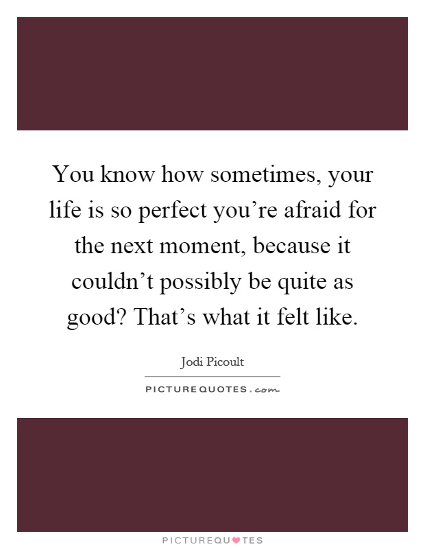 You know how sometimes, your life is so perfect you're afraid for the next moment, because it couldn't possibly be quite as good? That's what it felt like Picture Quote #1