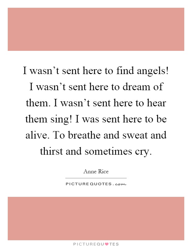 I wasn't sent here to find angels! I wasn't sent here to dream of them. I wasn't sent here to hear them sing! I was sent here to be alive. To breathe and sweat and thirst and sometimes cry Picture Quote #1
