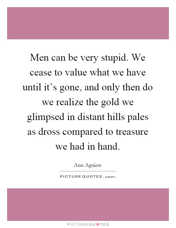 Men can be very stupid. We cease to value what we have until it's gone, and only then do we realize the gold we glimpsed in distant hills pales as dross compared to treasure we had in hand Picture Quote #1