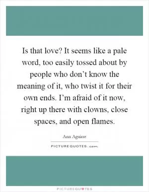 Is that love? It seems like a pale word, too easily tossed about by people who don’t know the meaning of it, who twist it for their own ends. I’m afraid of it now, right up there with clowns, close spaces, and open flames Picture Quote #1