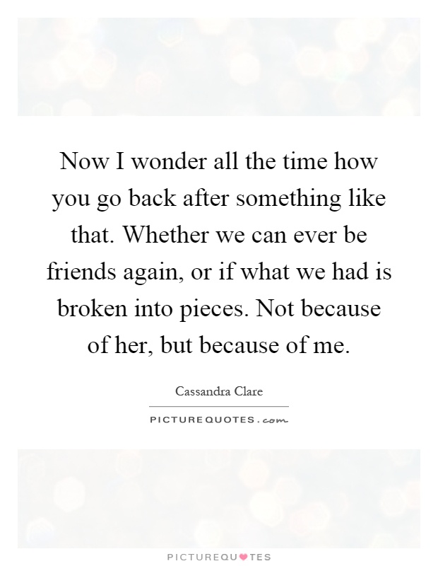 Now I wonder all the time how you go back after something like that. Whether we can ever be friends again, or if what we had is broken into pieces. Not because of her, but because of me Picture Quote #1