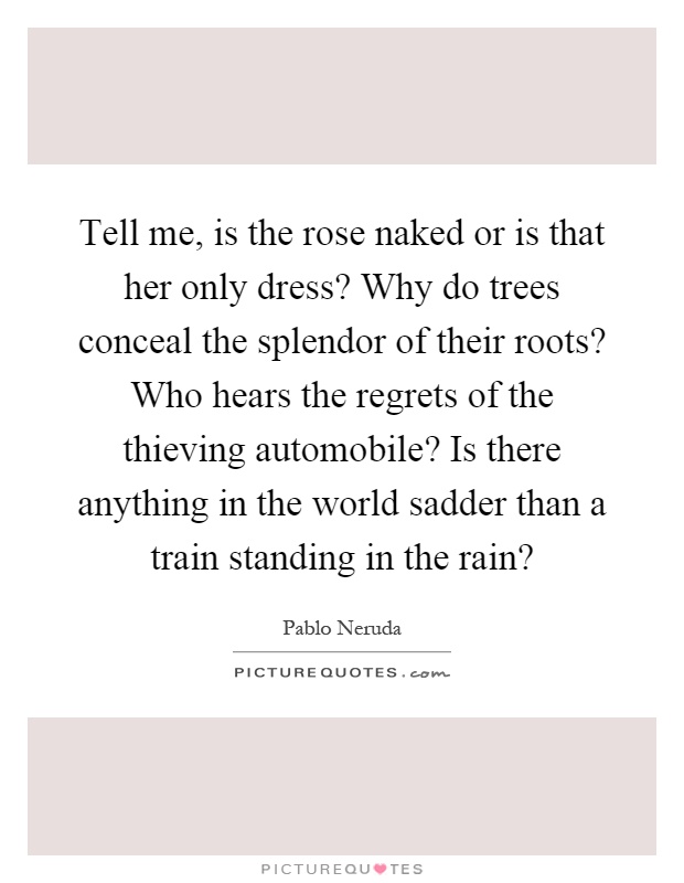 Tell me, is the rose naked or is that her only dress? Why do trees conceal the splendor of their roots? Who hears the regrets of the thieving automobile? Is there anything in the world sadder than a train standing in the rain? Picture Quote #1