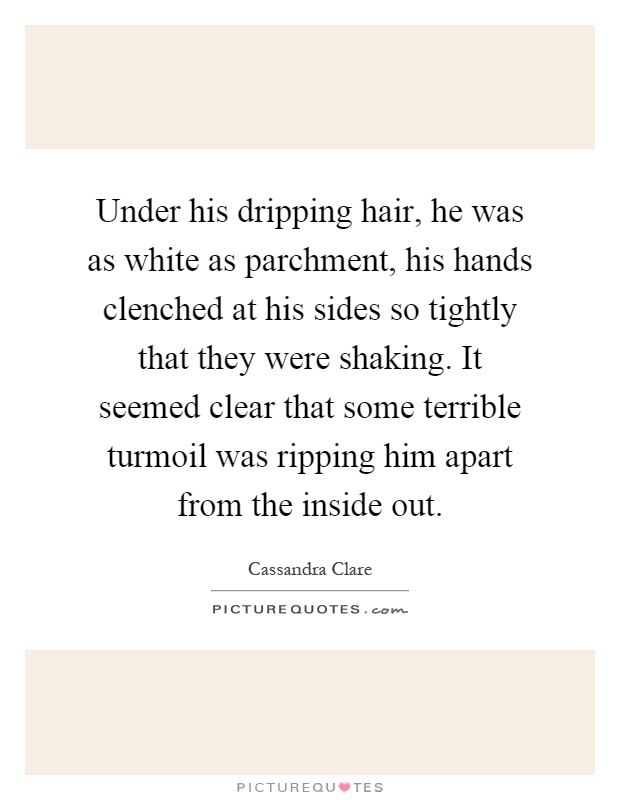 Under his dripping hair, he was as white as parchment, his hands clenched at his sides so tightly that they were shaking. It seemed clear that some terrible turmoil was ripping him apart from the inside out Picture Quote #1