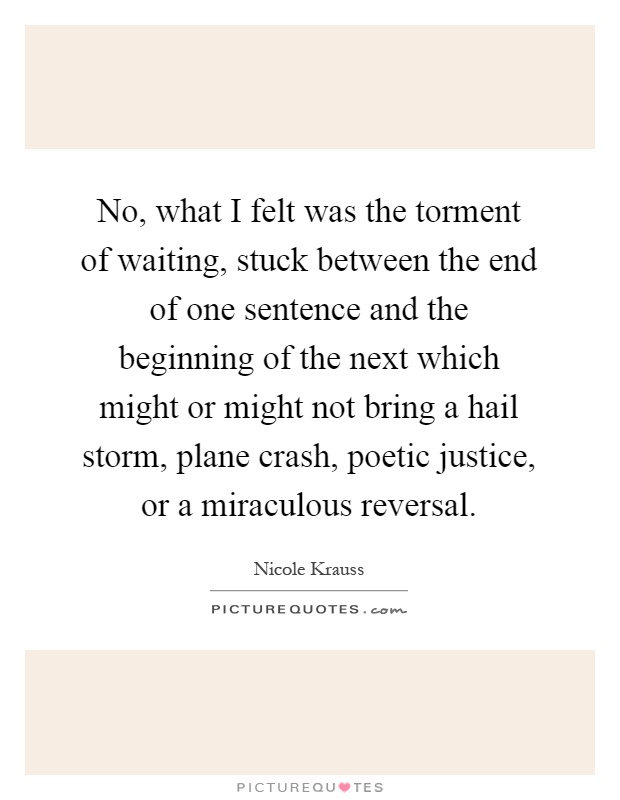 No, what I felt was the torment of waiting, stuck between the end of one sentence and the beginning of the next which might or might not bring a hail storm, plane crash, poetic justice, or a miraculous reversal Picture Quote #1