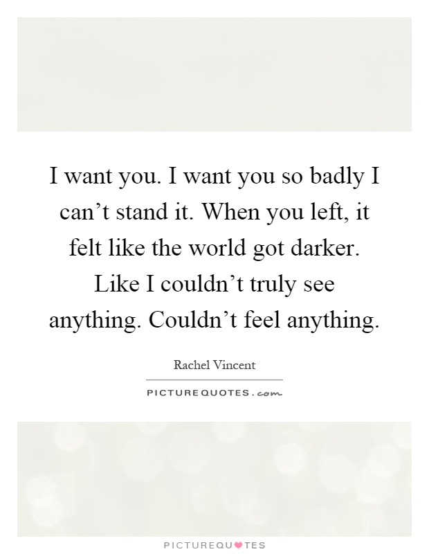 I want you. I want you so badly I can't stand it. When you left, it felt like the world got darker. Like I couldn't truly see anything. Couldn't feel anything Picture Quote #1