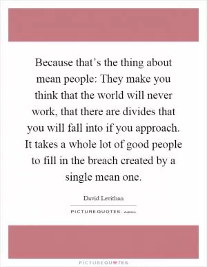 Because that’s the thing about mean people: They make you think that the world will never work, that there are divides that you will fall into if you approach. It takes a whole lot of good people to fill in the breach created by a single mean one Picture Quote #1