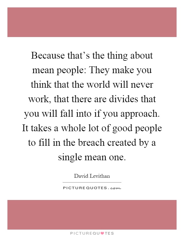 Because that's the thing about mean people: They make you think that the world will never work, that there are divides that you will fall into if you approach. It takes a whole lot of good people to fill in the breach created by a single mean one Picture Quote #1