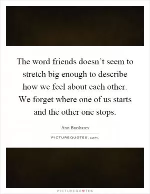 The word friends doesn’t seem to stretch big enough to describe how we feel about each other. We forget where one of us starts and the other one stops Picture Quote #1