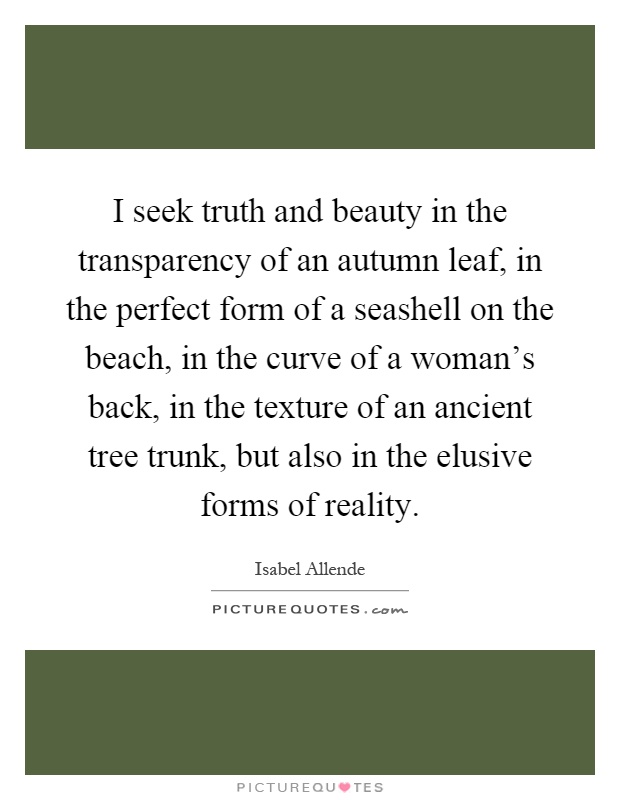 I seek truth and beauty in the transparency of an autumn leaf, in the perfect form of a seashell on the beach, in the curve of a woman's back, in the texture of an ancient tree trunk, but also in the elusive forms of reality Picture Quote #1