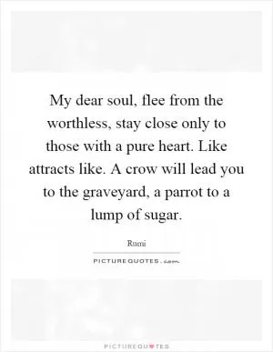 My dear soul, flee from the worthless, stay close only to those with a pure heart. Like attracts like. A crow will lead you to the graveyard, a parrot to a lump of sugar Picture Quote #1