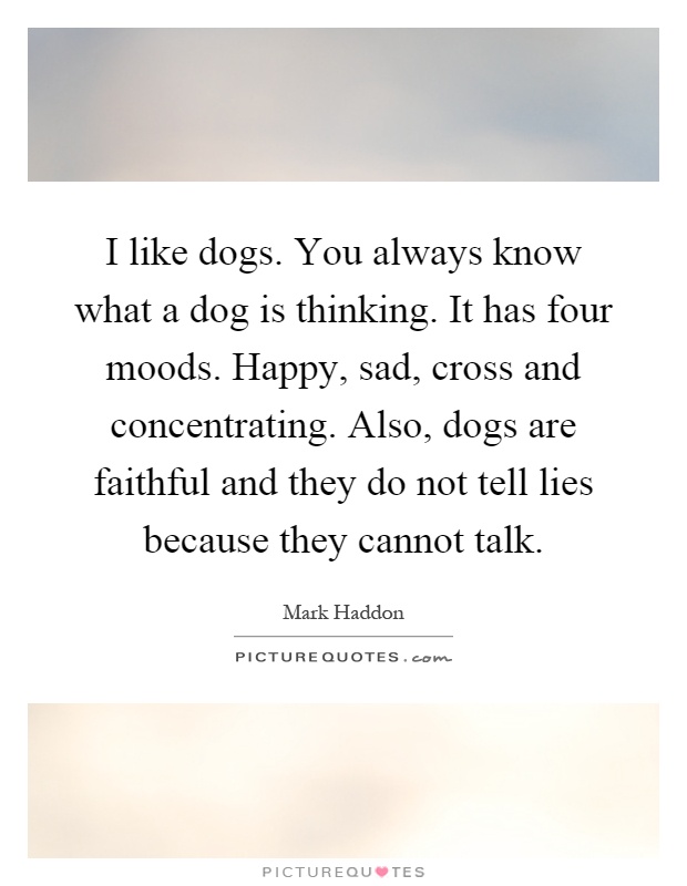 I like dogs. You always know what a dog is thinking. It has four moods. Happy, sad, cross and concentrating. Also, dogs are faithful and they do not tell lies because they cannot talk Picture Quote #1