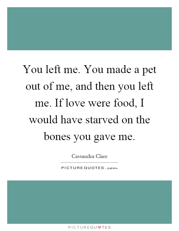 You left me. You made a pet out of me, and then you left me. If love were food, I would have starved on the bones you gave me Picture Quote #1