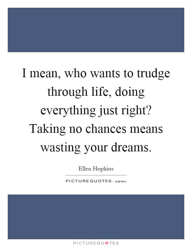 I mean, who wants to trudge through life, doing everything just right? Taking no chances means wasting your dreams Picture Quote #1
