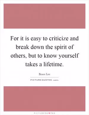 For it is easy to criticize and break down the spirit of others, but to know yourself takes a lifetime Picture Quote #1