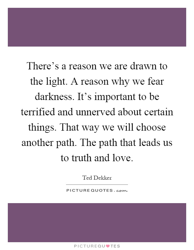 There's a reason we are drawn to the light. A reason why we fear darkness. It's important to be terrified and unnerved about certain things. That way we will choose another path. The path that leads us to truth and love Picture Quote #1