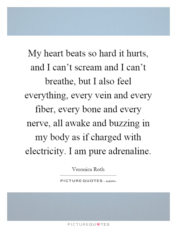 My heart beats so hard it hurts, and I can't scream and I can't breathe, but I also feel everything, every vein and every fiber, every bone and every nerve, all awake and buzzing in my body as if charged with electricity. I am pure adrenaline Picture Quote #1