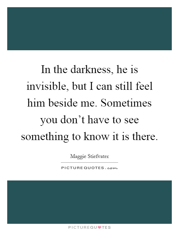 In the darkness, he is invisible, but I can still feel him beside me. Sometimes you don't have to see something to know it is there Picture Quote #1