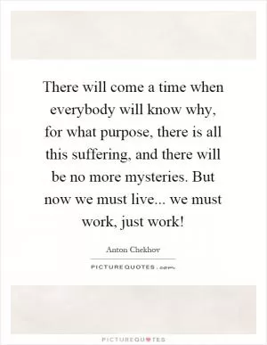 There will come a time when everybody will know why, for what purpose, there is all this suffering, and there will be no more mysteries. But now we must live... we must work, just work! Picture Quote #1
