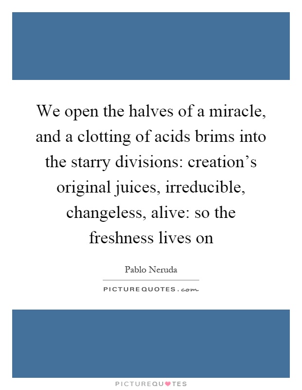 We open the halves of a miracle, and a clotting of acids brims into the starry divisions: creation's original juices, irreducible, changeless, alive: so the freshness lives on Picture Quote #1
