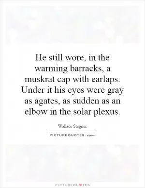 He still wore, in the warming barracks, a muskrat cap with earlaps. Under it his eyes were gray as agates, as sudden as an elbow in the solar plexus Picture Quote #1