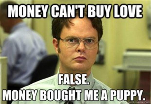 Money can't buy love. False. Money bought me a puppy Picture Quote #1
