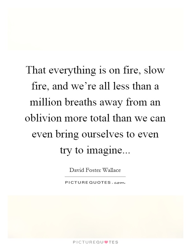 That everything is on fire, slow fire, and we're all less than a million breaths away from an oblivion more total than we can even bring ourselves to even try to imagine Picture Quote #1
