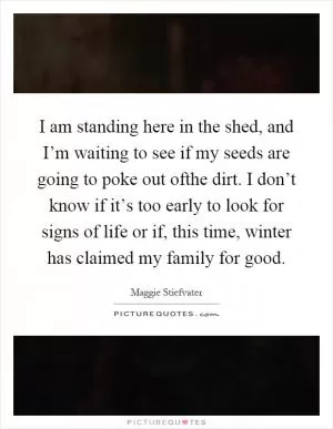 I am standing here in the shed, and I’m waiting to see if my seeds are going to poke out ofthe dirt. I don’t know if it’s too early to look for signs of life or if, this time, winter has claimed my family for good Picture Quote #1