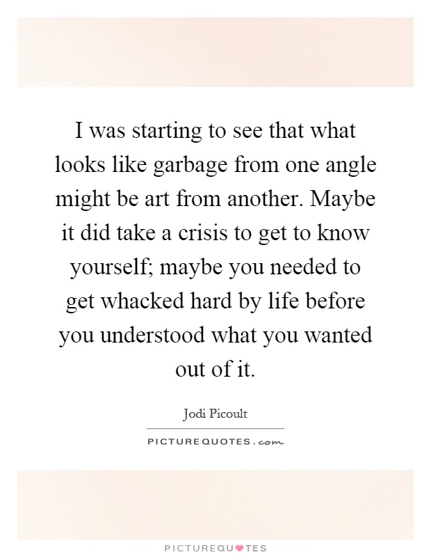 I was starting to see that what looks like garbage from one angle might be art from another. Maybe it did take a crisis to get to know yourself; maybe you needed to get whacked hard by life before you understood what you wanted out of it Picture Quote #1