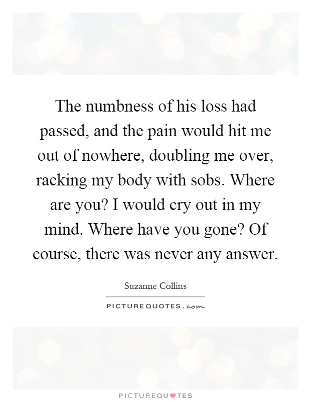 The numbness of his loss had passed, and the pain would hit me out of nowhere, doubling me over, racking my body with sobs. Where are you? I would cry out in my mind. Where have you gone? Of course, there was never any answer Picture Quote #1